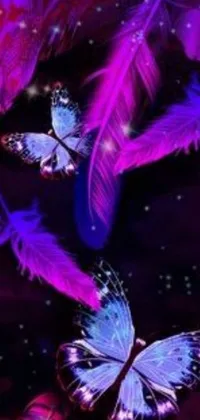 This phone wallpaper showcases a serene digital art piece of purple and blue butterflies, soaring in the clear blue sky