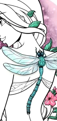 This nature-themed phone wallpaper features a detailed drawing of a woman with a dragonfly on her shoulder