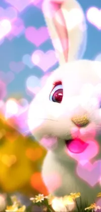 This phone live wallpaper features a super cute and friendly 3D white rabbit sitting on a lush green field