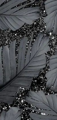 Looking for a phone wallpaper that's both elegant and nature-inspired? Check out this stunning black and white image of leaves arranged in a cluster, set against a dark background of black sand and accented with shiny glitter and crystals