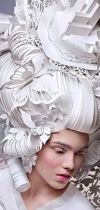 This high fashion themed live wallpaper depicts an elegant woman with a large white hat on a background of mesmerizing layered paper