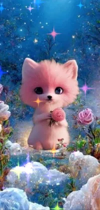 This live wallpaper for phones boasts a charming image of a furry cat in a colorful flower field