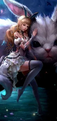 This phone live wallpaper is a beautiful fantasy art depiction of a woman riding on the back of a white cat