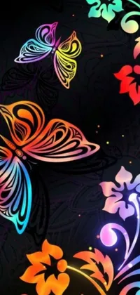 This phone live wallpaper boasts stunning colorful butterflies and flowers set against a black background, creating an elegant and captivating display of nature's beauty