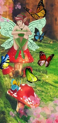 Adorn your device with the mystical live wallpaper portraying a fairy perched on a mushroom amid fluttering butterflies