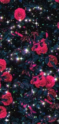 This live wallpaper for your phone features a breathtaking digital art image showcasing a bouquet of lovely pink roses against a deep black background