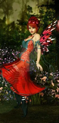 This phone live wallpaper showcases a beautiful digital creation of a fairy in a flowing red dress, set against a mystical garden with celestial red flowers blooming around her