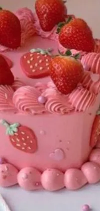 This live phone wallpaper features a beautifully intricate pink cake topped with fresh strawberries