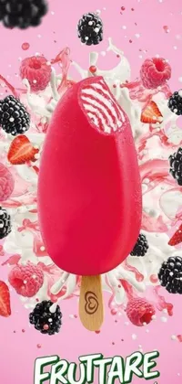 This phone live wallpaper displays a close-up of a raspberry-colored popsicle on a wooden stick