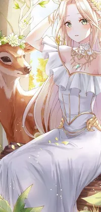 This captivating phone wallpaper features a stunning depiction of a beautiful woman in a flowing white dress, sitting gracefully next to a majestic deer in a lush, verdant forest