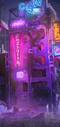This live phone wallpaper features a tall Japanese downtown building with futuristic neon signs and an overgrown aesthetic