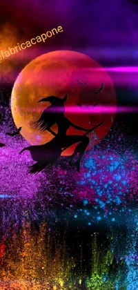 This stunning live wallpaper features a beautiful airbrush painting of a witch gracefully riding her broomstick against the backdrop of a full moon