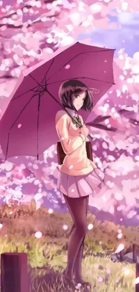 This stunning live wallpaper features a beautiful woman standing beneath a purple umbrella in a verdant field