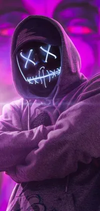 This live wallpaper features a hooded figure wearing a futuristic neon mask with glowing purple LED eyes