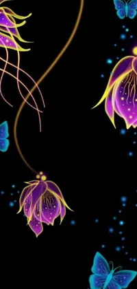 "Decorate your phone screen with this beautiful live wallpaper featuring stunning purple flowers and butterflies against a sleek black background
