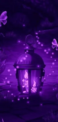 This live wallpaper for your phone features a purple lantern on a wooden floor set against a Tumblr-inspired digital art backdrop