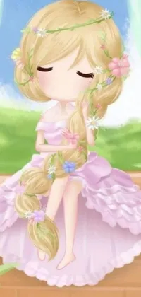 This delightful phone live wallpaper showcases an anime drawing of a little girl with long blond braided hair and flowers in her hair