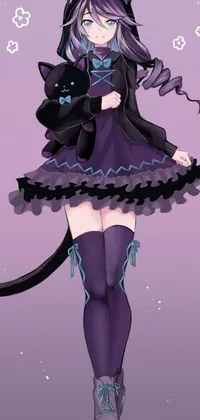 This beautiful live phone wallpaper features a girl wearing a long purple dress and holding a sleek black cat