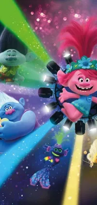 This lively cartoon live wallpaper depicts a group of playful characters, including trolls and Ori, flying through the air against a colorful disco-inspired background