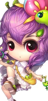 This phone live wallpaper features a charming girl with purple hair and a flower in her hair