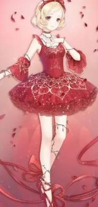 This phone live wallpaper portrays a stunningly intricate anime drawing of a beautiful, flowing red dress-wearing woman in arabesque pose