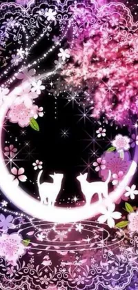 This charming phone wallpaper showcases a cat perched on a glowing moon, encircled by a colorful array of flowers