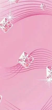 This phone live wallpaper features a stunning pink background adorned with hearts and stars, accented with images of crystals and diamonds