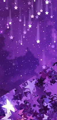 Looking for a magical phone live wallpaper? Check out this beautiful purple sky filled with twinkling stars, silhouettes of fairies, and cute axe and ribbon emojis