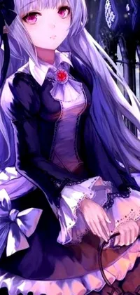 This phone live wallpaper presents a mesmerizing image of a gothic-inspired woman with long silver hair and purple tips