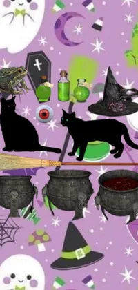 If you're looking for a fun and spooky Halloween wallpaper, this is the one for you! With a purple background and black cats and witches scattered throughout, this digital art wallpaper is both cute and creepy