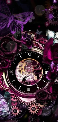 Looking for a beautiful and striking live wallpaper for your phone? Look no further than this incredible design featuring a detailed clock with gears and flowers