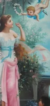 This live wallpaper is a beautiful piece of fine art, depicting a woman and a child in a garden