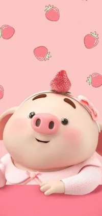 Add a playful touch to your phone with a cartoon live wallpaper of a pink surface featuring a fun and colorful pig engaged in a strawberry fight