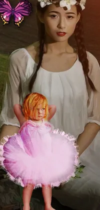 This live wallpaper showcases a delightful girl donning a pink dress, accompanied by a doll and a fluttering butterfly in the pink backdrop