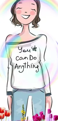This phone live wallpaper features a motivational woman wearing a t-shirt with the empowering text &quot;you can do anything&quot;