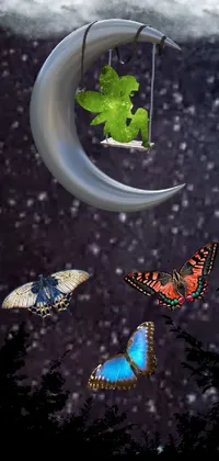 This phone live wallpaper features a beautiful moonlit forest scene, a high-quality fantasy stock photo, an animated mechanical butterfly, a mobile game background, and cosmic portals leading to different galaxies