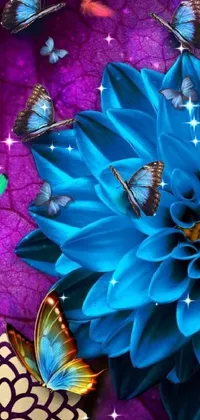 This phone live wallpaper features a stunning blue flower surrounded by colorful butterflies on a purple background