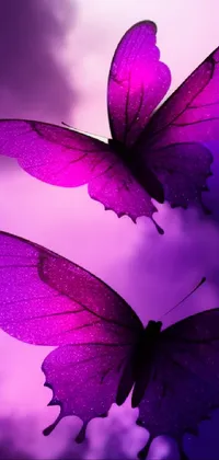 This stunning live wallpaper features two purple butterflies gracefully flying against a beautiful backlit sky