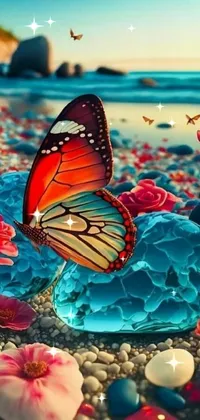 Introduce life to your phone screen with this mesmerizing live wallpaper that features a colorful butterfly resting on rocks amidst vivid flower clusters and sparkling crystals