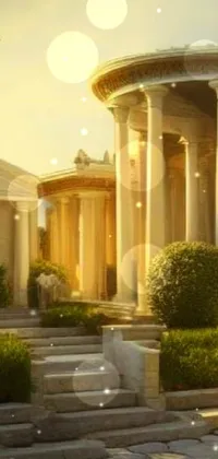 The phone live wallpaper depicts a neoclassical building reminiscent of an ancient Greek temple, surrounded by lush celestial gardens