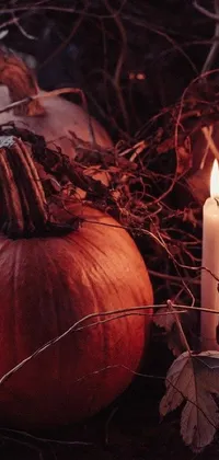 This phone wallpaper boasts a spooky yet stunning display centered around a collection of candles and a poised pumpkin