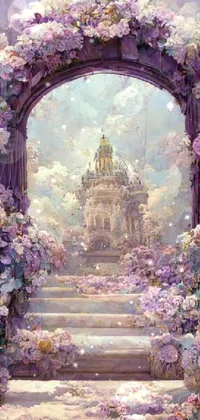 This live wallpaper features a stunning painting of a castle surrounded by colorful flowers