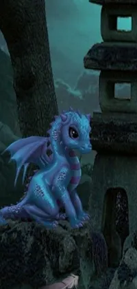 Enhance the look of your smartphone with this enchanting live wallpaper featuring a cute blue dragon perched atop a rock in a mystical setting inspired by popular fantasy worlds