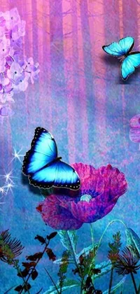 This beautiful live phone wallpaper features a blue butterfly resting on a purple flower, designed digitally