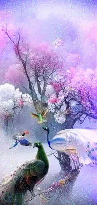 Adorn your phone with a mesmerizing live wallpaper featuring two majestic peacocks standing gracefully against a backdrop of pink hues