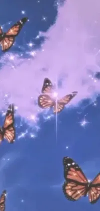 This phone live wallpaper showcases a group of butterflies navigating through a beautiful blue sky, whilst accompanied by calming lofi hip hop music