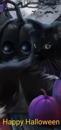 This phone live wallpaper features a stunning digital painting of a black cat and a purple pumpkin