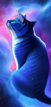 This phone live wallpaper features a stunning blue cat in the sky against a mesmerizing background of swirling nebula