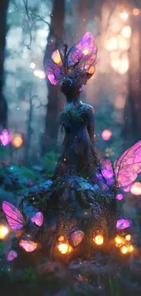 This magical phone live wallpaper showcases a fairy sitting atop a tree stump in a fantastical forest
