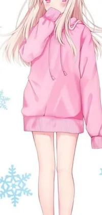 This live wallpaper for your phone features a pink hoodie-wearing girl standing in front of snowflakes in a y2k style
